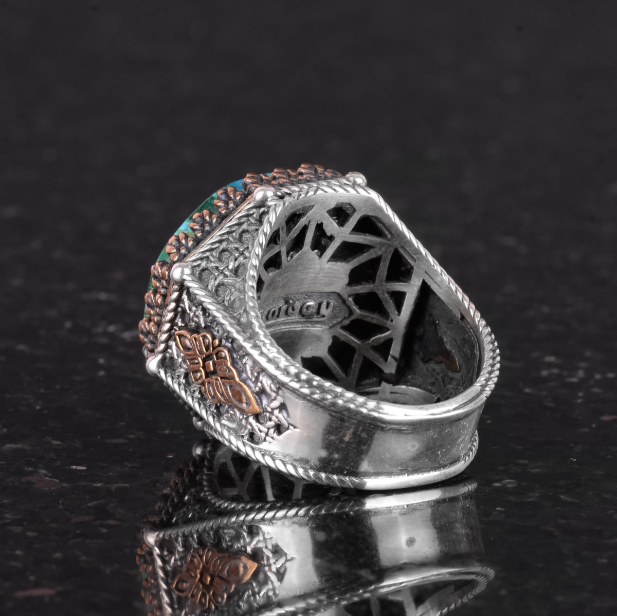 Natural Stone Ring - Octagonal Design - Handcrafted 925 Sterling Silver (Chrysocolla) — 7