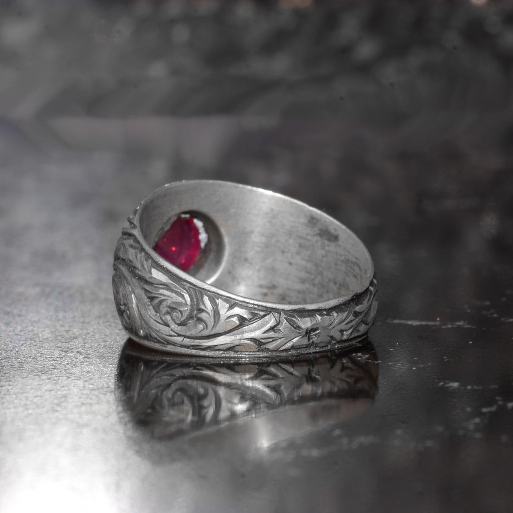 KAMBO Natural Star Ruby Stone Ring for Men 925 Sterling Silver Handmade Seal Ring Vintage Engraved Minimal Design Asterism Ruby — 6