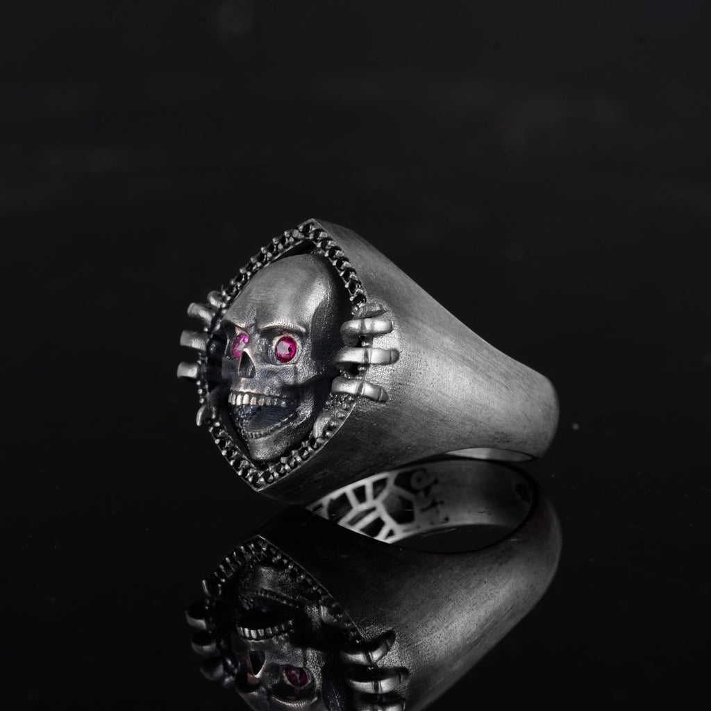 KAMBO Zircon Stone Eyed 925 Sterling Silver Skull Ring – Gothic Men's Handmade Skeleton Ring – Unique Biker Jewelry — 4