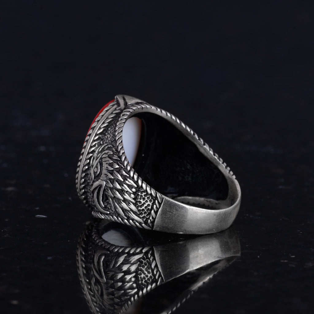 Islamic Men's Ring - Eagle Symbol Ring - 925 Sterling Silver Handmade Men's Ring (Red) — 7