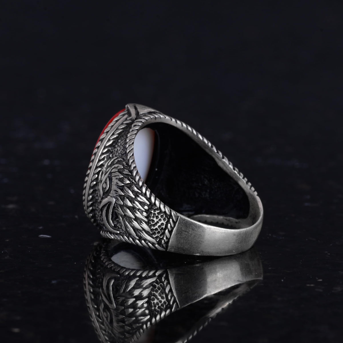 Islamic Men's Ring - Eagle Symbol Ring - 925 Sterling Silver Handmade Men's Ring (Red) — 7