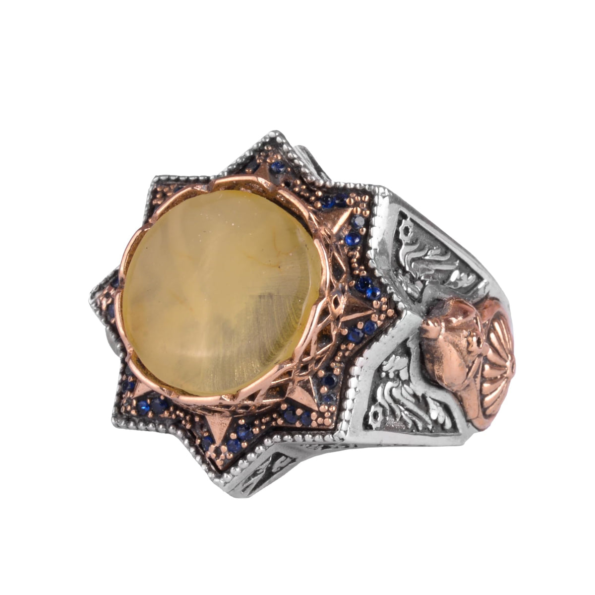 KAMBO 925 Sterling Silver Natural Amber Stone Large Ring - Star Frame Design Handmade Men's Jewelry (Style-2)