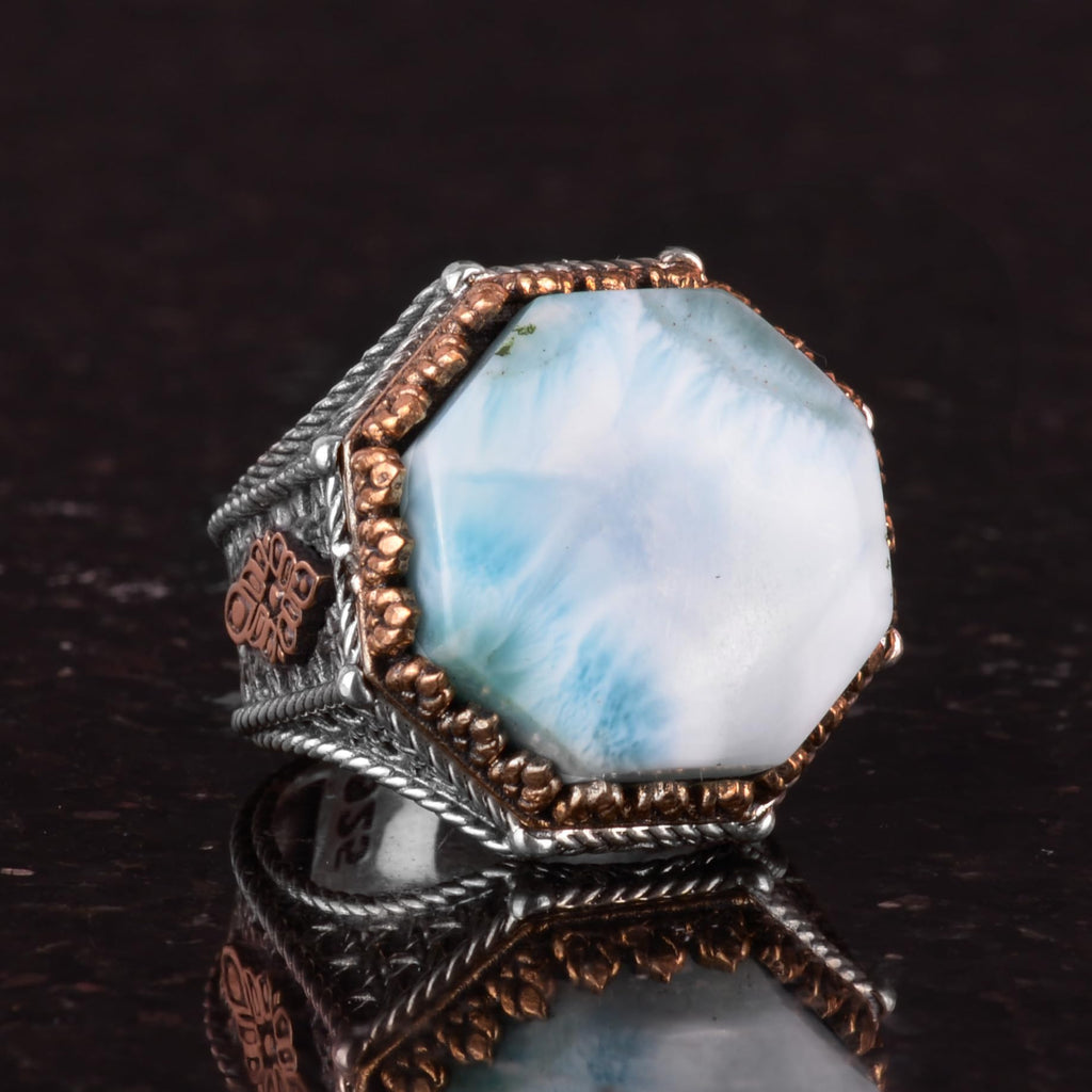 Natural Larimar Stone Octagonal Ring - Handmade 925 Sterling Silver Jewelry — 5