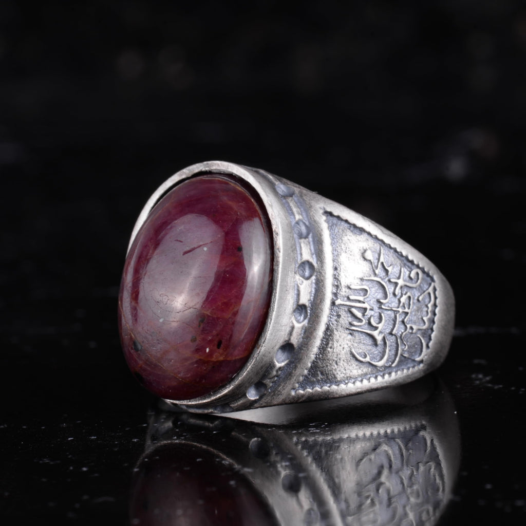 KAMBO Natural Ruby Stone Men's Ring 925 Sterling Silver - Carved Vintage Design Handmade Jewelry with Oval Ruby Statement Ring — 5