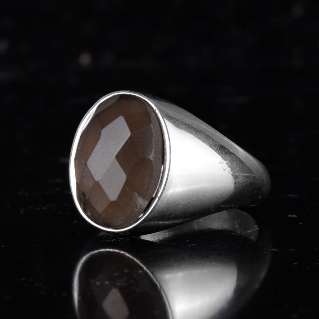 KAMBO Natural Men's Ring – 925 Sterling Silver Minimalist Oval Stone Ring – Handmade Classic Jewelry (Smoky Quartz) — 5