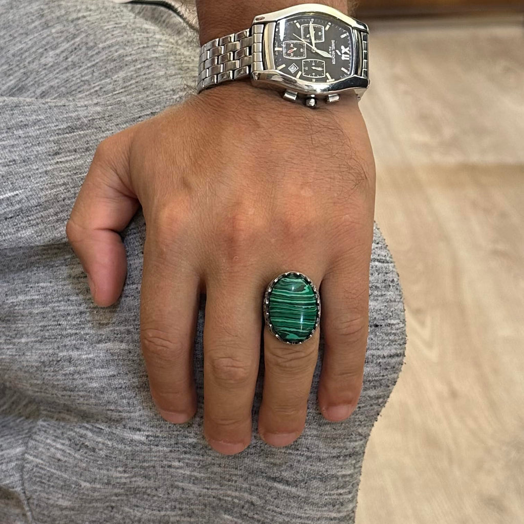 Natural Malachite Stone Ring - Rose Pattern Ring - 925 Sterling Silver Ring - Handmade Large Ring — 3