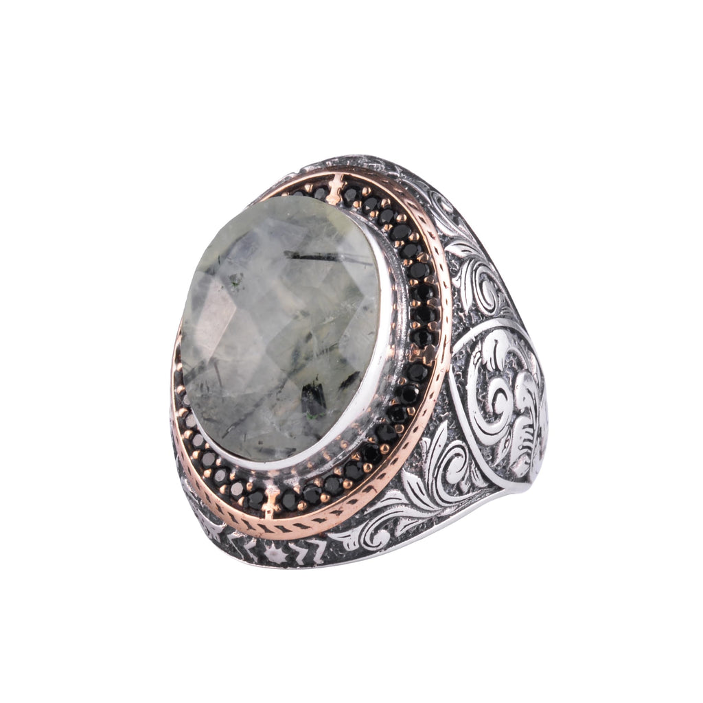 Men's Natural Stone Large Ring – Oval Stone Vintage Byzantine Engraved Statement Ring - Antique Filigree 925 Sterling Silver Jewelry (Prehnite)