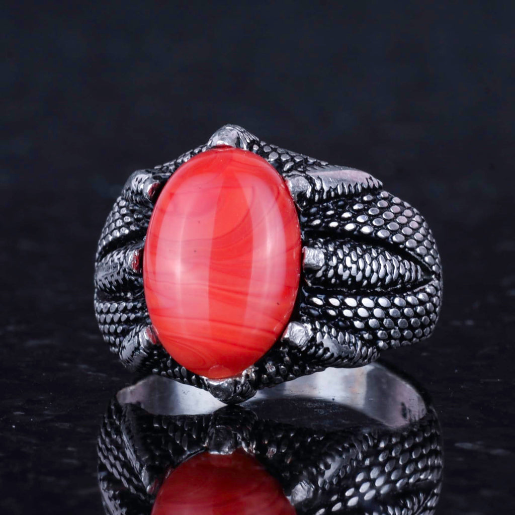 Silver Claw Ring with Natural Red Coral Stone — 6
