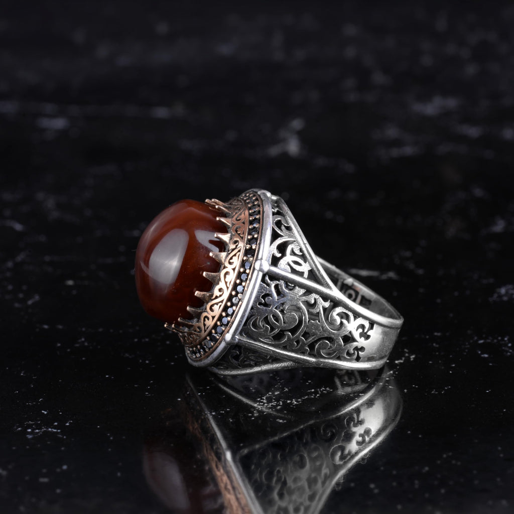 KAMBO Gemstone 925 Sterling Silver Men's Round Ring with Bronze Detail, Vintage Ottoman Style Handmade Silver Design fea