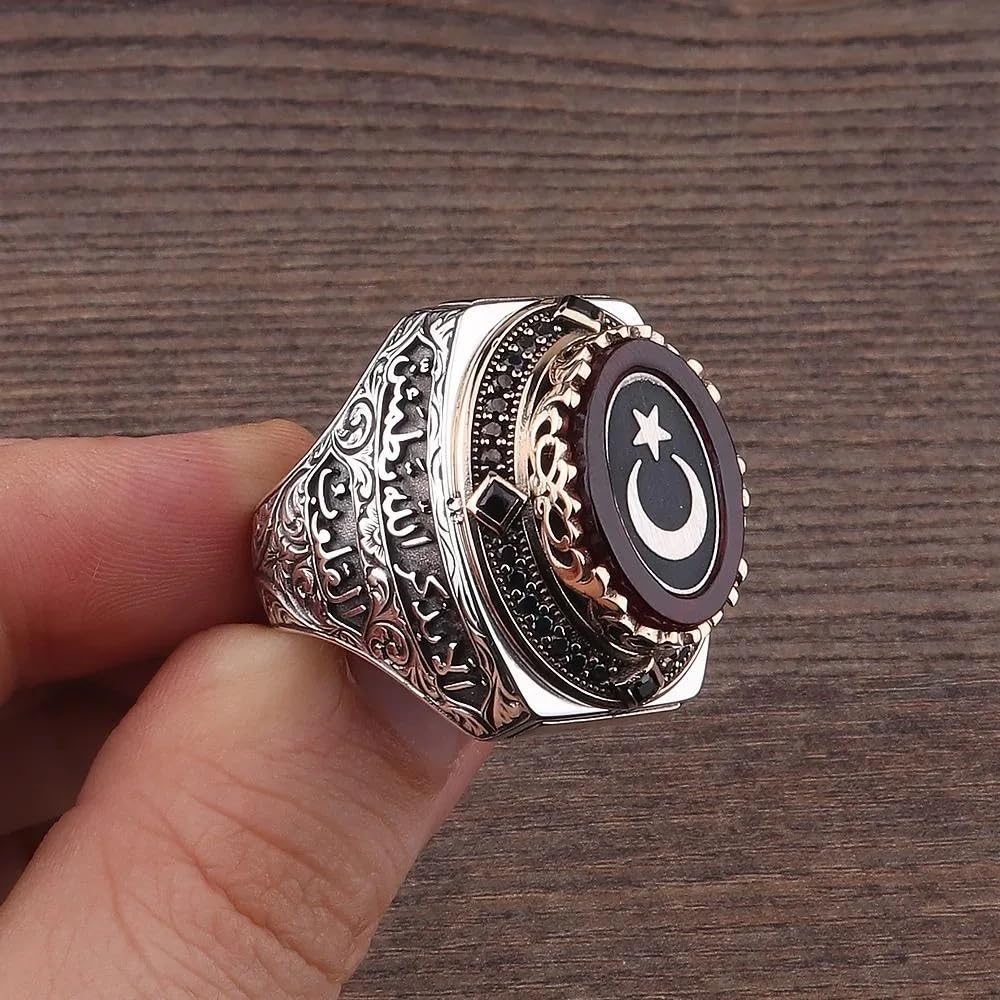 KAMBO 925 Sterling Silver Crescent Star Men's Ring – Synthetic Amber Tawakkul Model, Quran Verses, Ottoman Islamic Design — 4