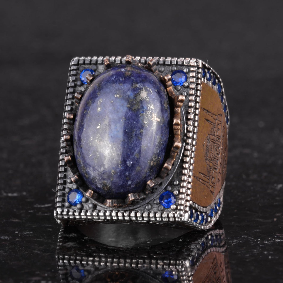 Natural Stone Ring - 925 Sterling Silver Islamic Ring - Handmade Calligraphy Ring (Lapis Lazuli) — 6