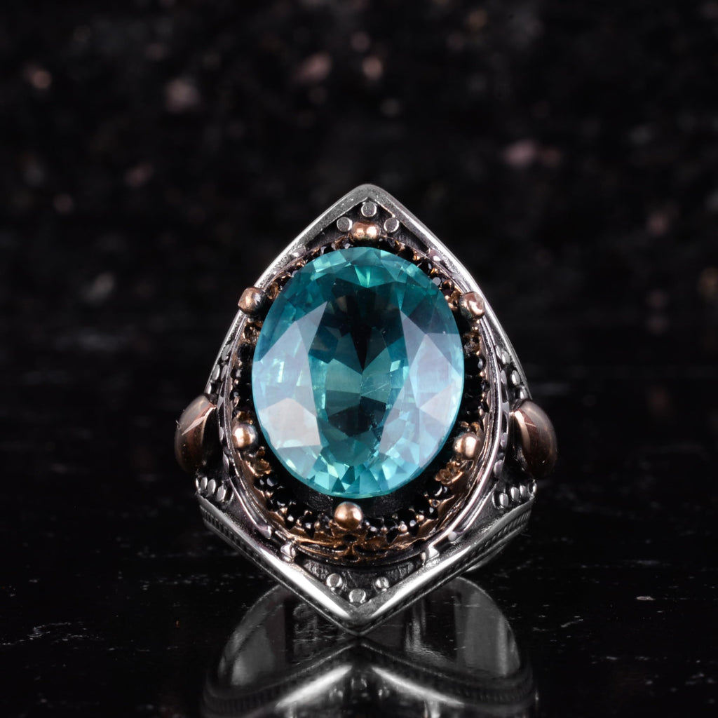 KAMBO Certified Natural Tourmaline Stone Men's Ring – Bronze Detailed 925 Sterling Silver – Oval Cut Statement Ring — 4
