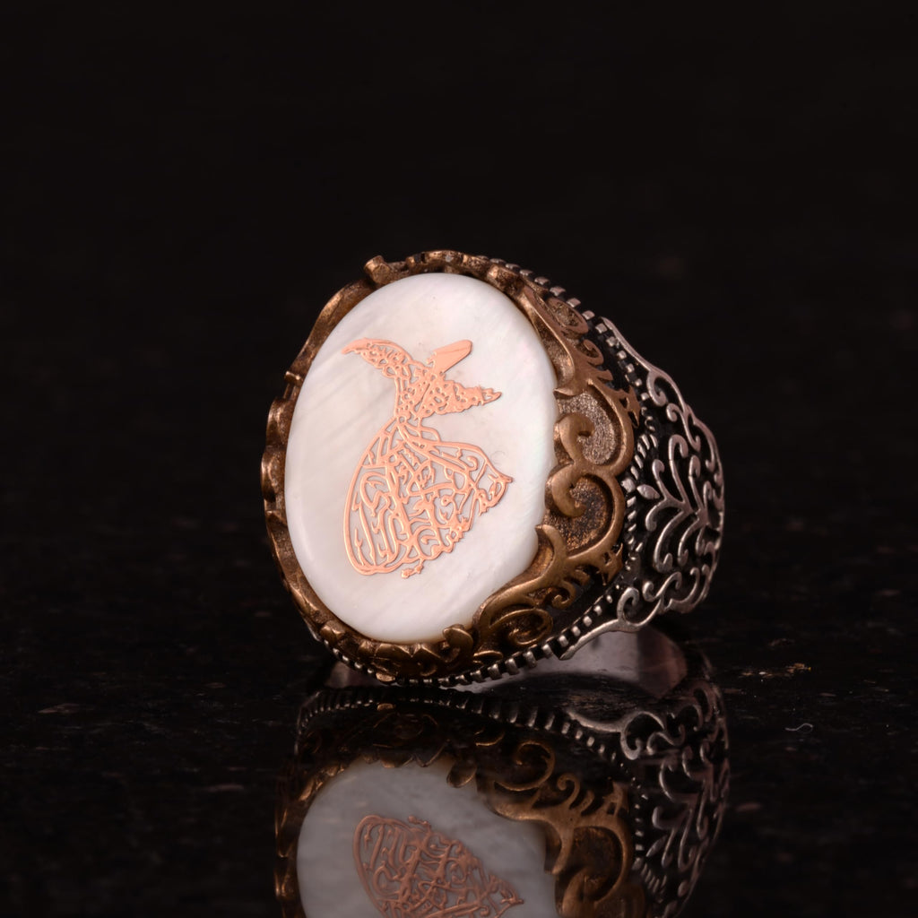 Natural Pearl Stone Ring, Mevlevi Islamic 925 Sterling Silver Men's Ring — 5