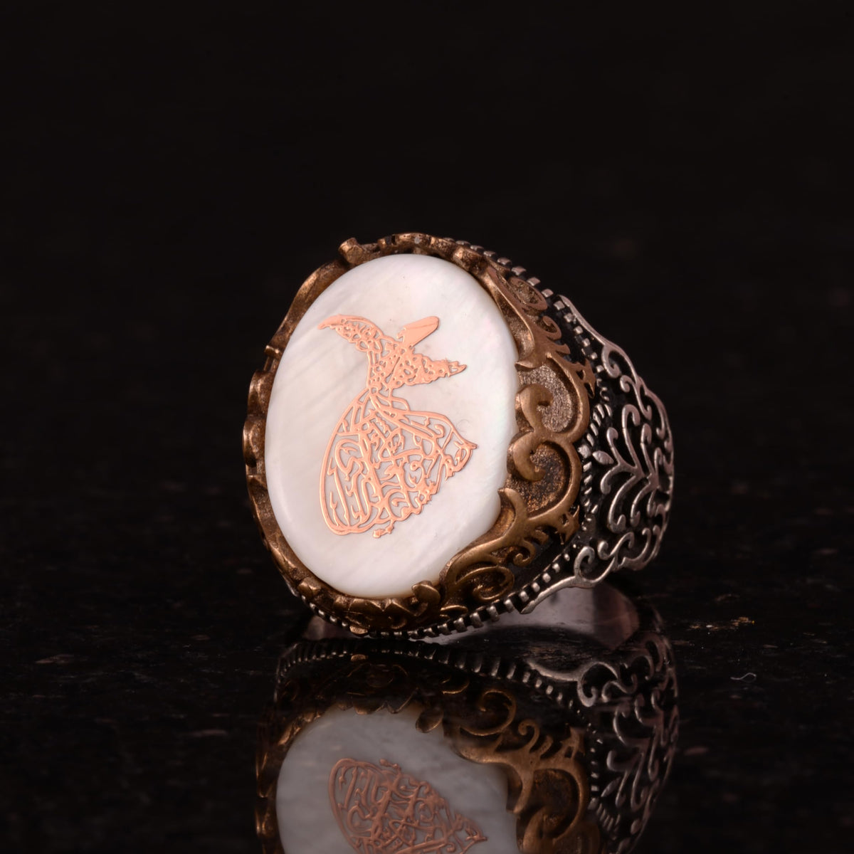 Natural Pearl Stone Ring, Mevlevi Islamic 925 Sterling Silver Men's Ring — 5