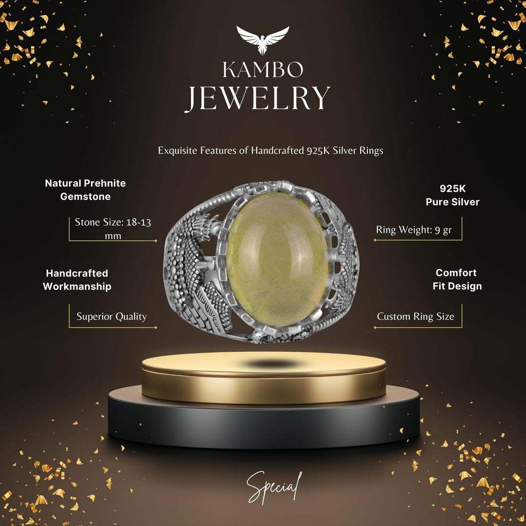 925 Sterling Silver Men's Ring, Natural Prehnite Stone Ring — 2