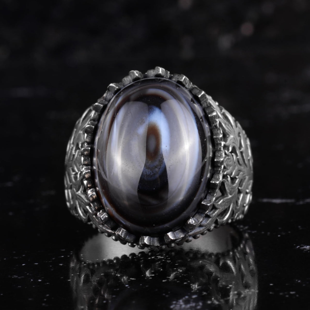 KAMBO Natural Yemen Agate Stone Ring – 925 Sterling Silver Decorative Embroidered Men's Ring – Handmade Vintage Statement Ring (Yemen Agate-11) — 4