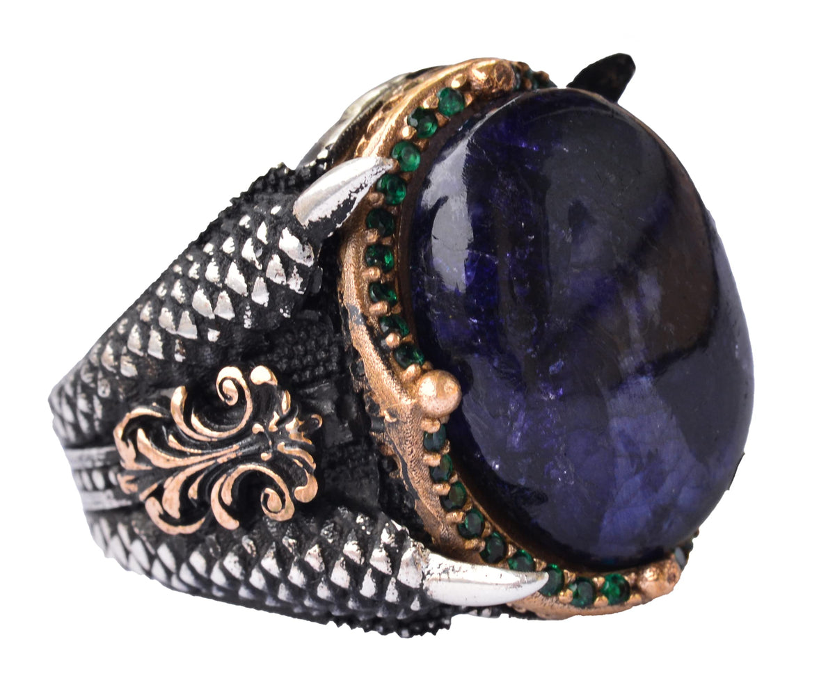 Natural Cabochon Sapphire Stone Men's Ring, 925 Sterling Silver Eagle Claw Design