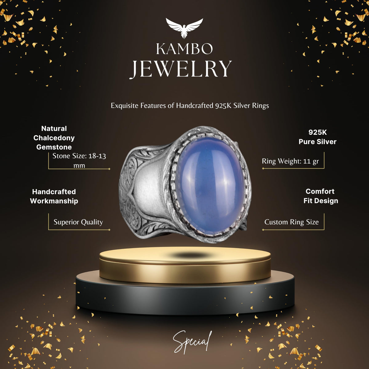 Natural Stone Ring, 925 Sterling Silver Ring, (Chalcedony) — 2
