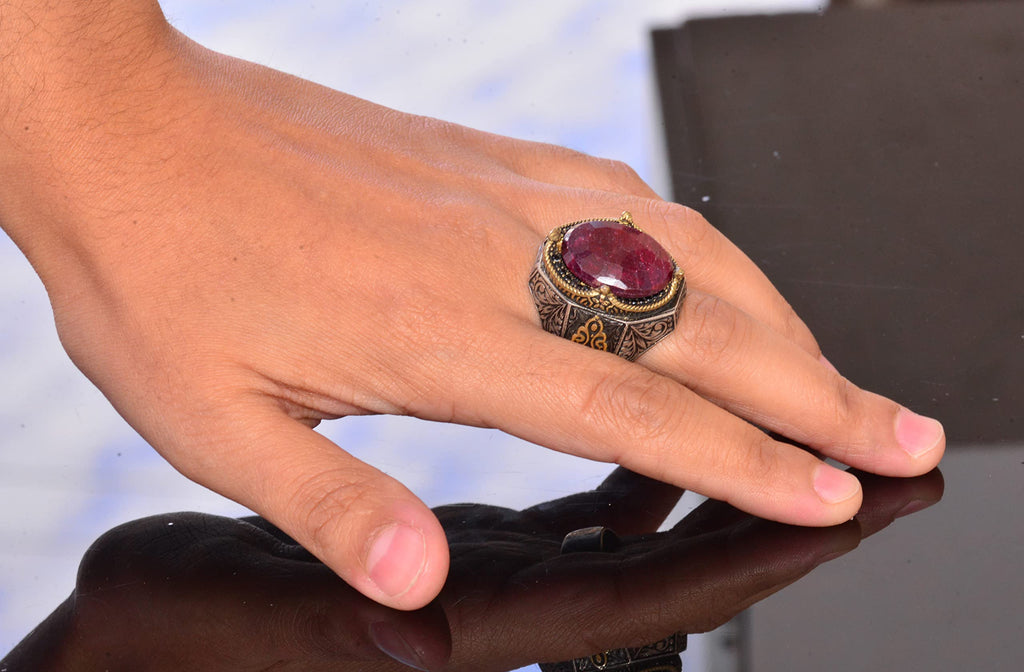 KAMBO Handmade Vintage Ruby Ring for Men - 925 Sterling Silver Statement Gemstone Ring with Gold Accents, Classic Design