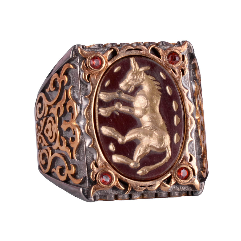 Horse Ring - Natural Agate Stone and 925 Sterling Silver Men's Ring