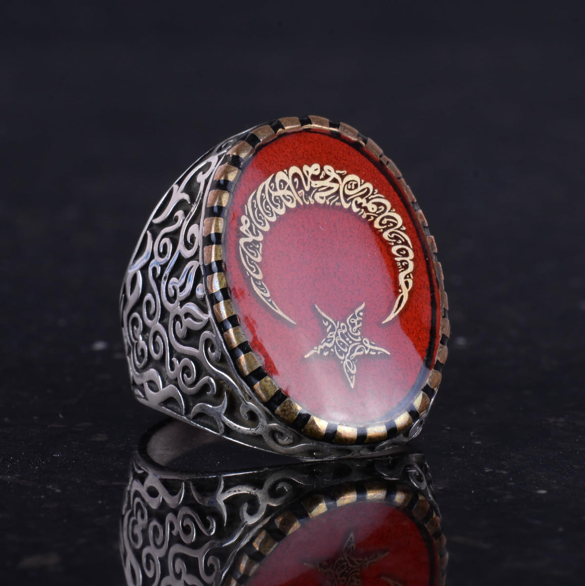 925 Sterling Silver Men's Ring - Moon and Star Design, Synthetic Stone - Silver Ring — 5