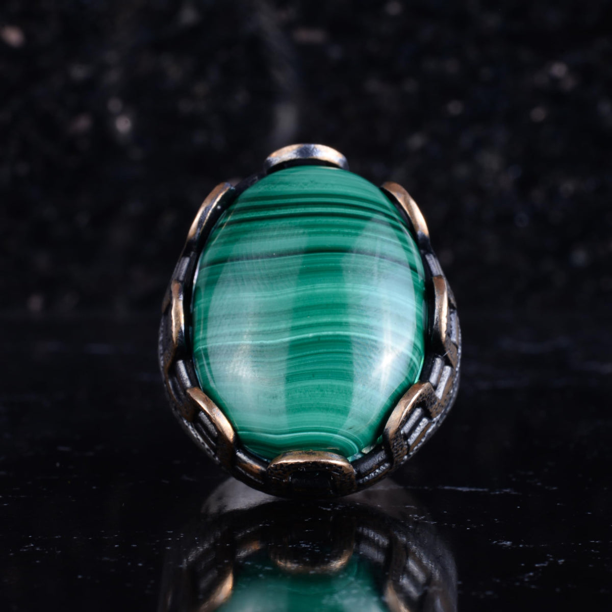 KAMBO Natural Malachite Stone Large Men's Ring – Green Band Malachite Oval Stone – 925 Sterling Silver Handmade Statement Ring – Vintage Ottoman Style Men's Jewelry — 3