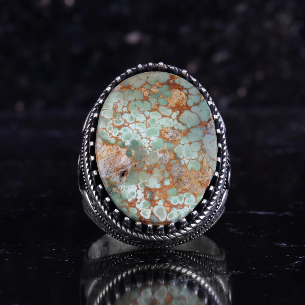 KAMBO Natural Turquoise Stone Large Men's Ring 925 Sterling Silver Oval Cabochon Ottoman Tugra Engraved Handmade Statement Ring (Turquoise-3) — 4
