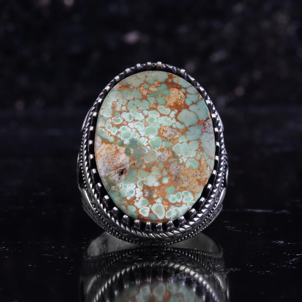 KAMBO Natural Turquoise Stone Large Men's Ring 925 Sterling Silver Oval Cabochon Ottoman Tugra Engraved Handmade Statement Ring (Turquoise-3) — 4