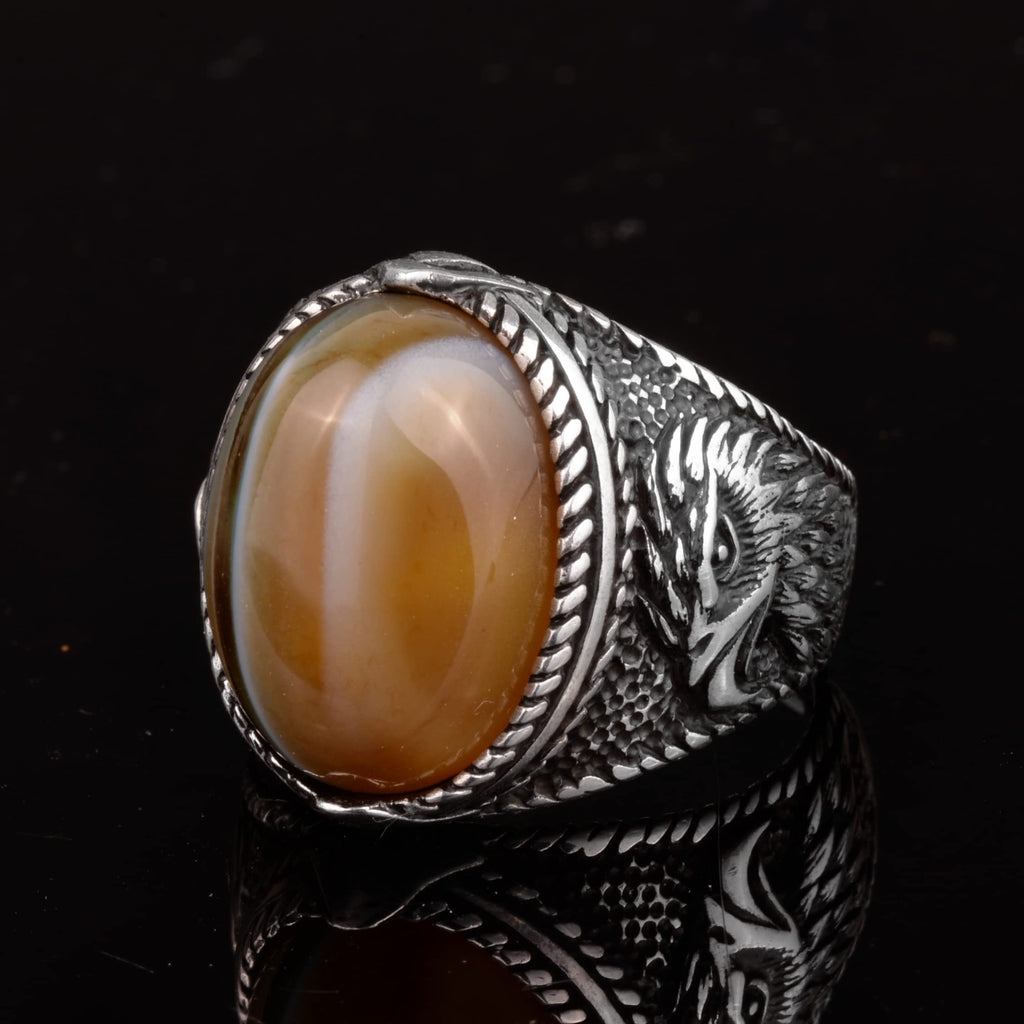 Natural Stone Men's Ring - Eagle Ring - 925 Sterling Silver (Akat) — 6