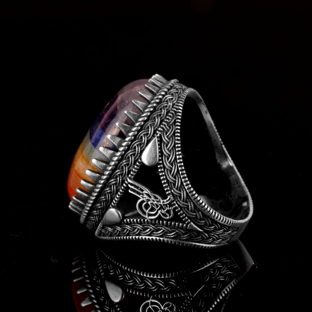 925 Sterling Silver Men's Ring, 7 Chakra Natural Stone Ring, Rainbow Ring, Tugra Ring — 6