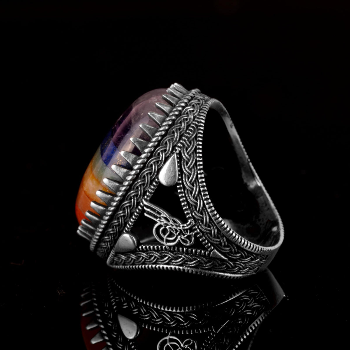 925 Sterling Silver Men's Ring, 7 Chakra Natural Stone Ring, Rainbow Ring, Tugra Ring — 6