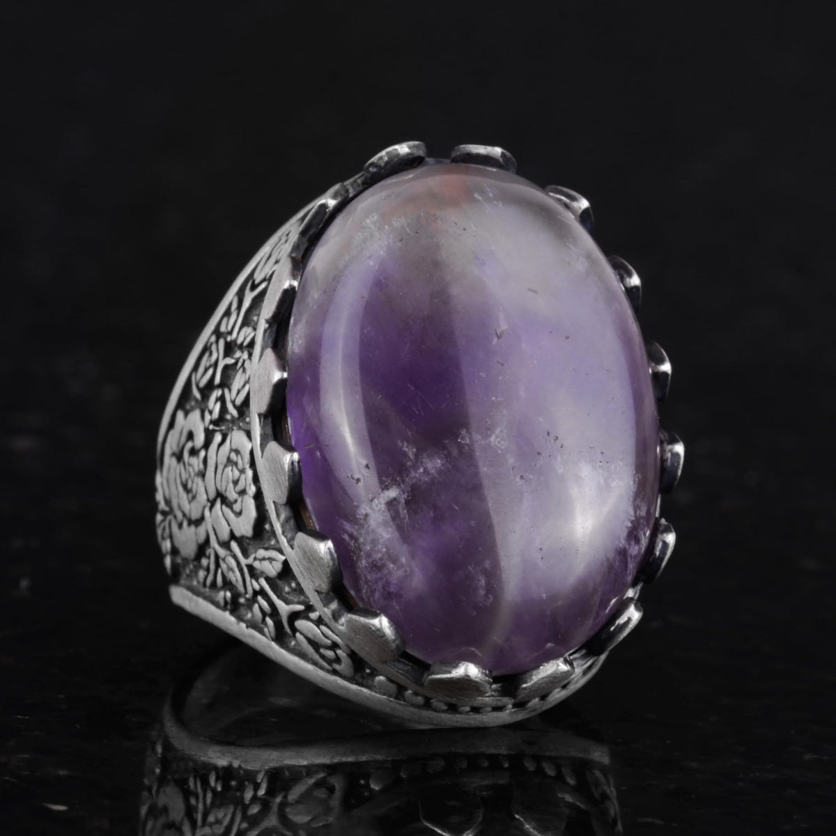 Natural Amethyst Stone Ring - Rose Pattern 925 Sterling Silver Ring — 5