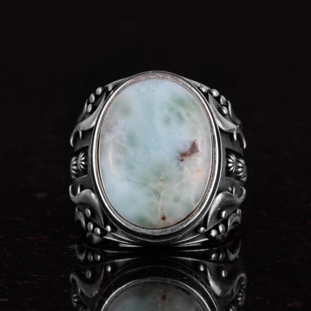 Handmade Natural Larimar Stone Ring, 925 Sterling Silver Men's Ring — 4