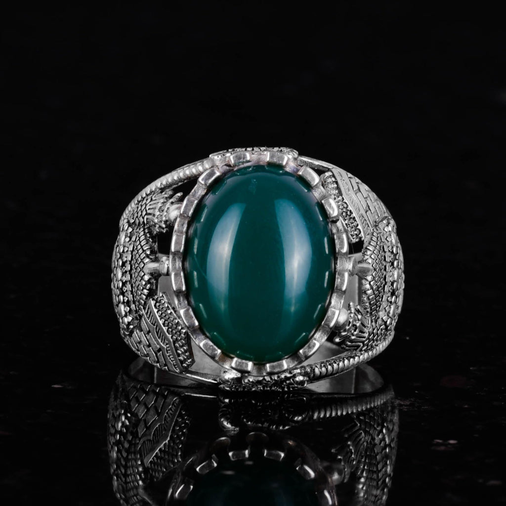 Islamic Natural Jade Stone Ring - 925 Sterling Silver Men's Ring - Harmony and Abundance Design — 3