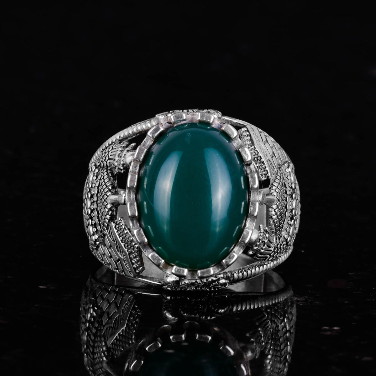 Islamic Natural Jade Stone Ring - 925 Sterling Silver Men's Ring - Harmony and Abundance Design — 3