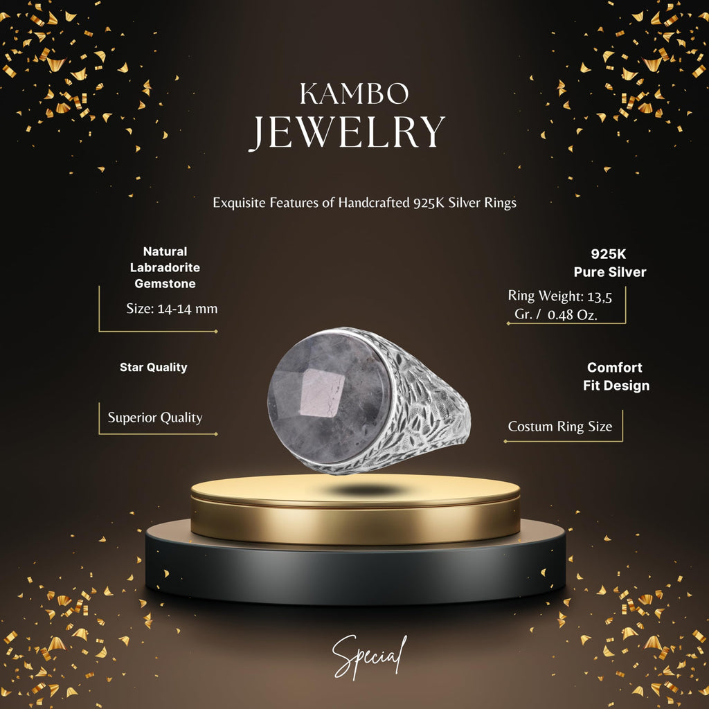 KAMBO Natural Stone Men's Ring 925 Sterling Silver Round Cabochon Handmade Statement Ring Stone (Labradorite) — 2