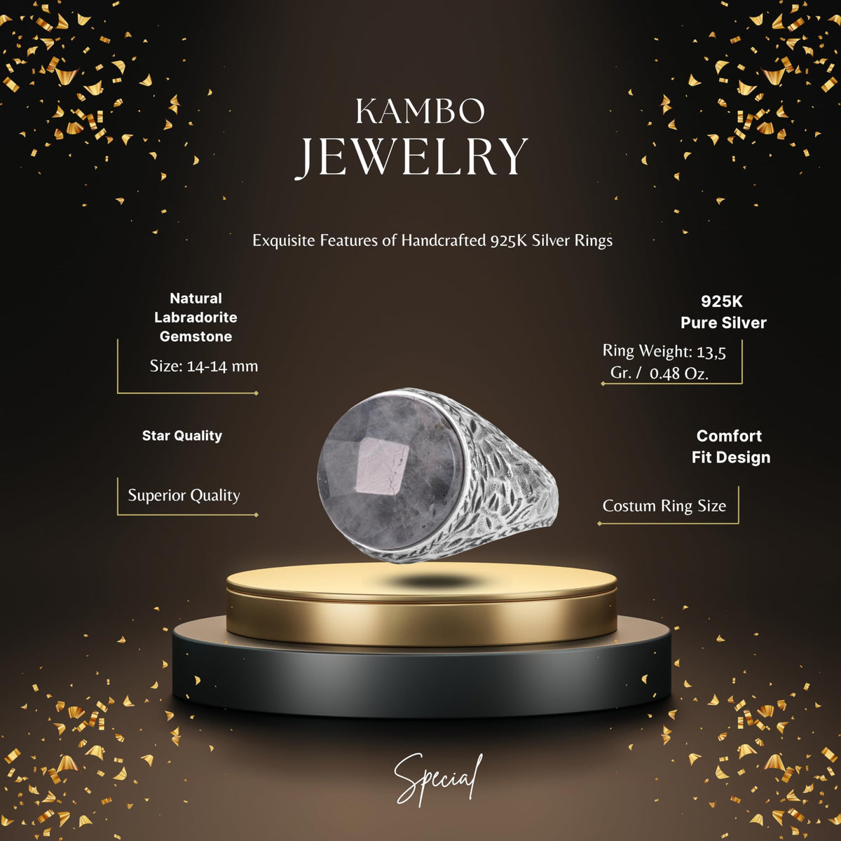 KAMBO Natural Stone Men's Ring 925 Sterling Silver Round Cabochon Handmade Statement Ring Stone (Labradorite) — 2