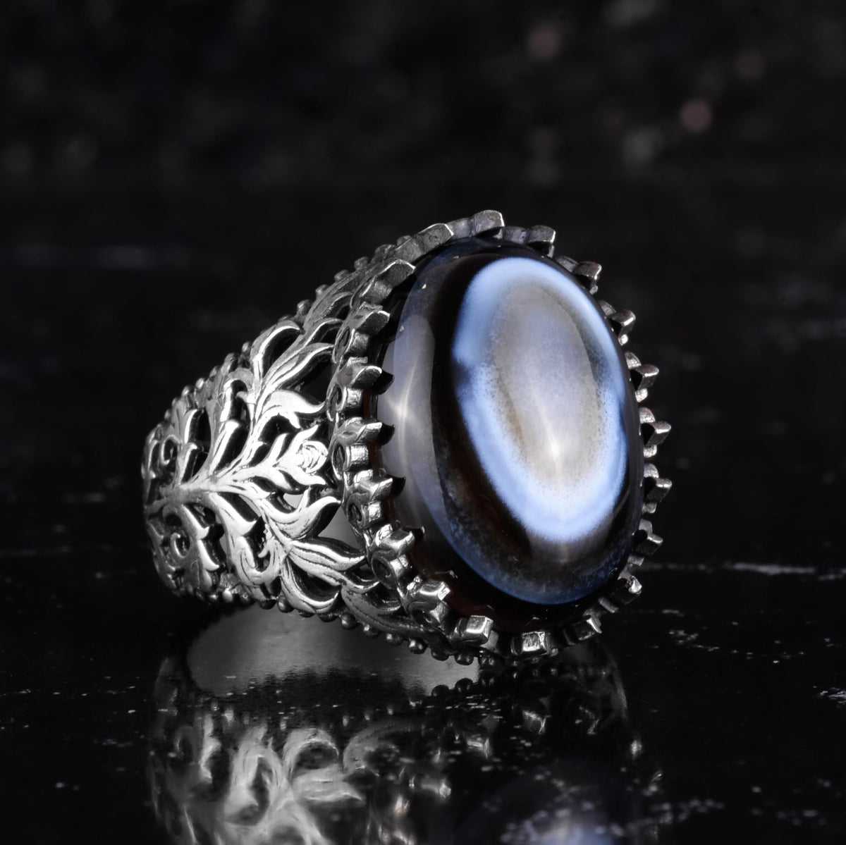 KAMBO Natural Yemen Agate Stone Ring – 925 Sterling Silver Decorative Men's Ring – Handmade Vintage Statement Ring (Yemen Agate-3) — 5