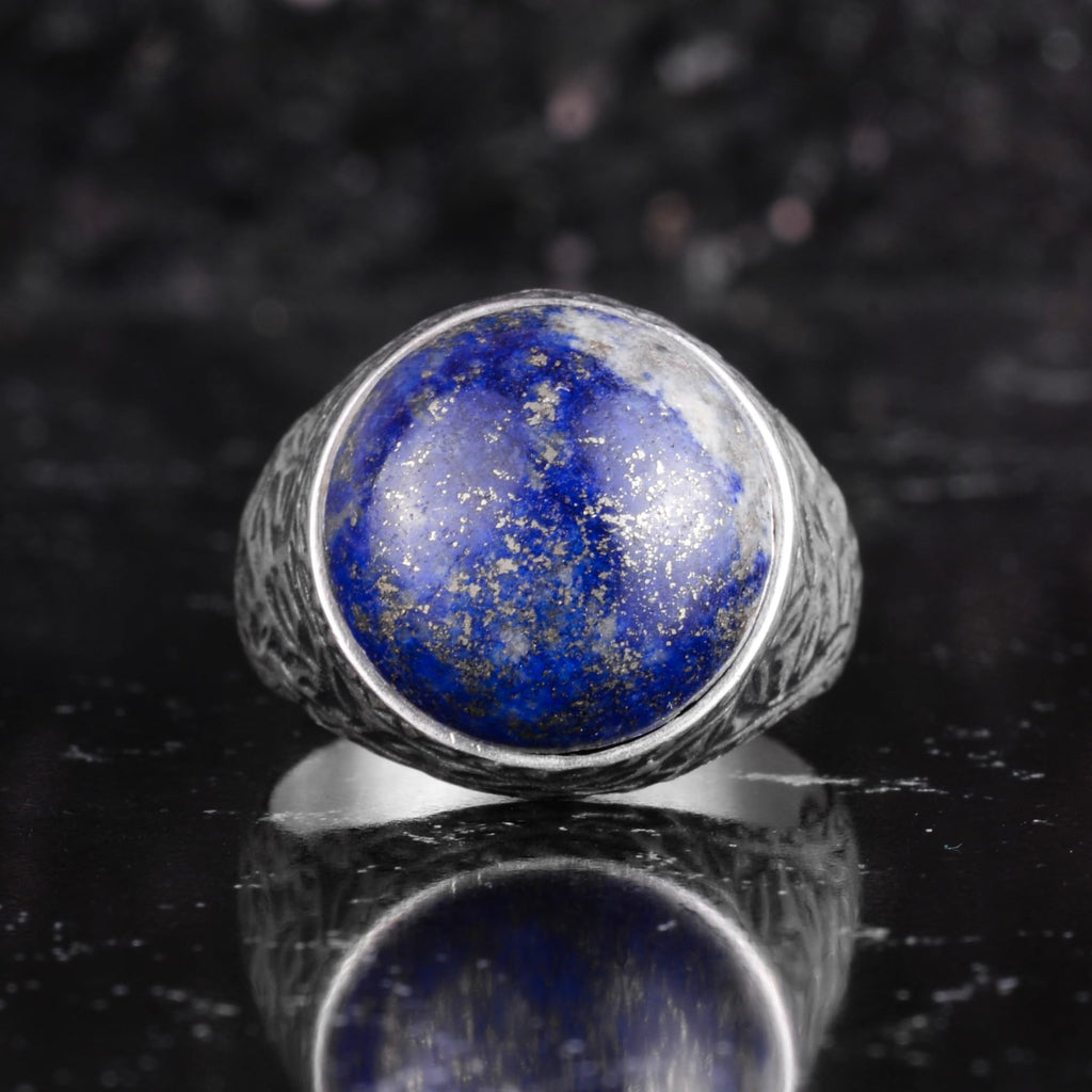 KAMBO Natural Stone Men's Ring 925 Sterling Silver Round Cabochon Handmade Statement Ring Stone (Lapis Lazuli) — 4
