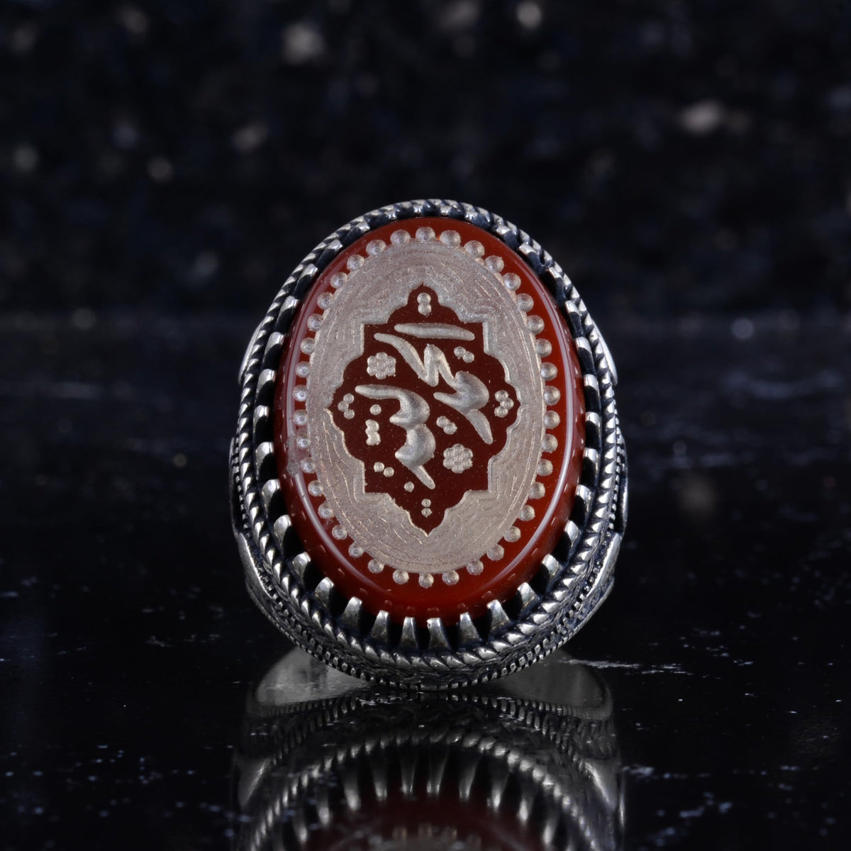 KAMBO Natural Agate Engraved Ottoman Tugra Style Seal Ring 925 Sterling Silver Large Men's Ring Oval Red Stone Handmade Vintage Design (Arabic Calligraphy) — 4