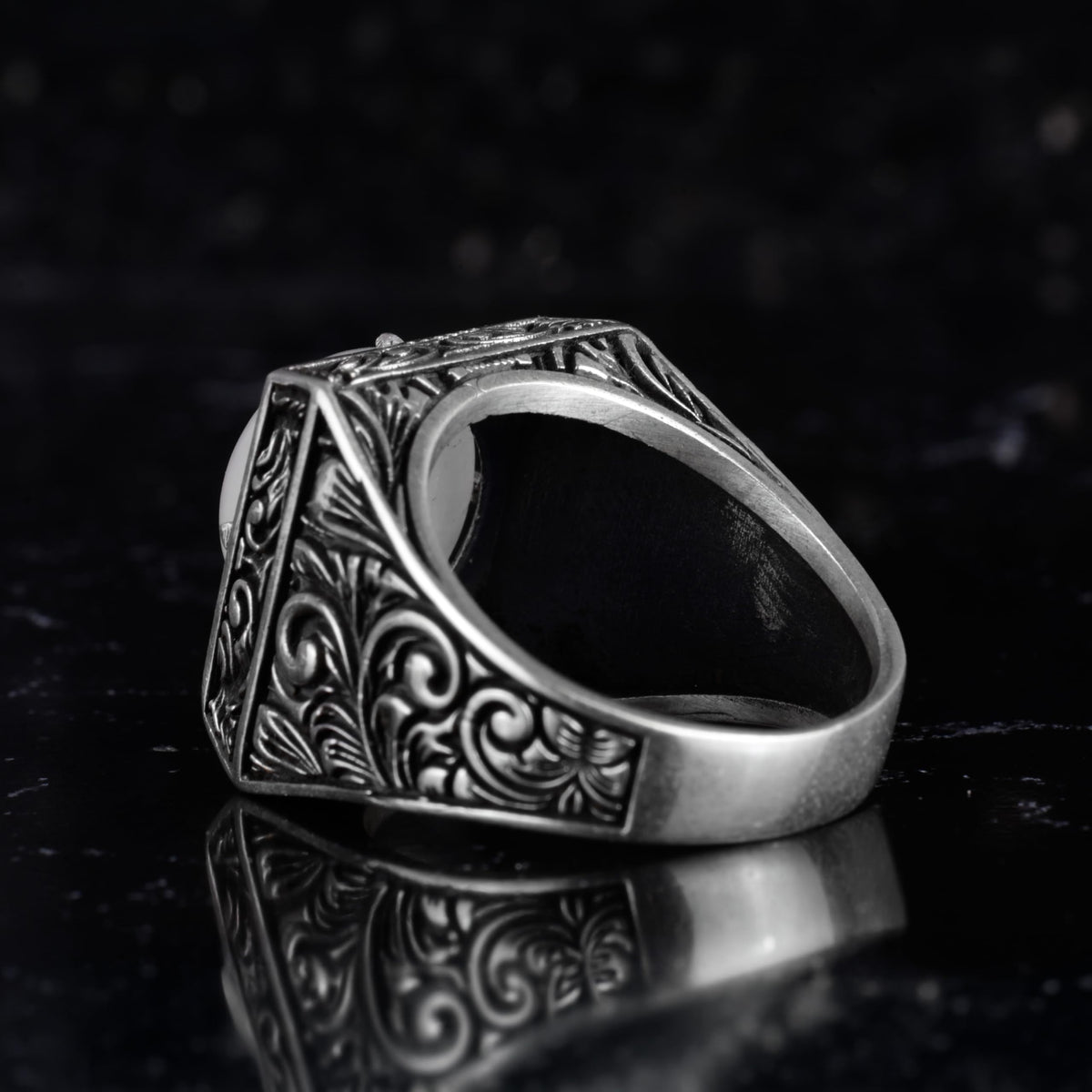 KAMBO Natural Round Stone Square Men's Ring 925 Sterling Silver – Ottoman Pattern Handmade Stone Ring (Smoky Quartz) — 7