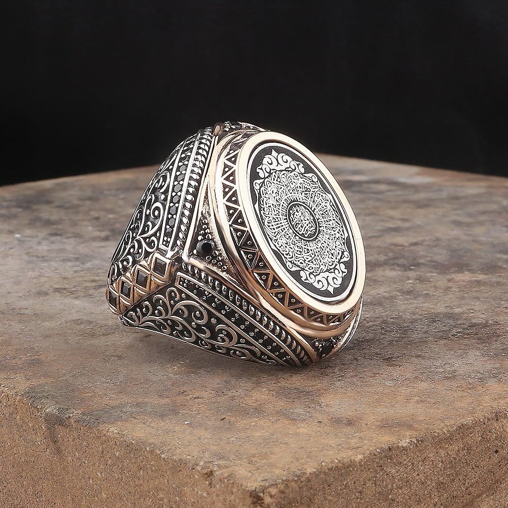 KAMBO 925 Sterling Silver Ayat al-Kursi Men's Ring – Rose Detailed Oval Islamic Ring, Ottoman Style Statement Jewelry — 4
