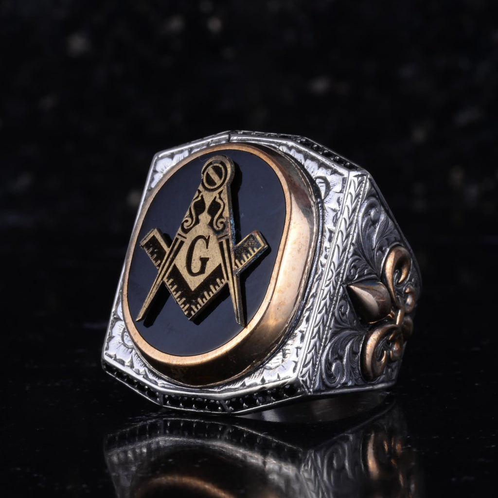 KAMBO Men's Masonic Ring – 925 Sterling Silver Square and Compass Ring – Masonic Symbol Statement Ring for Men — 5
