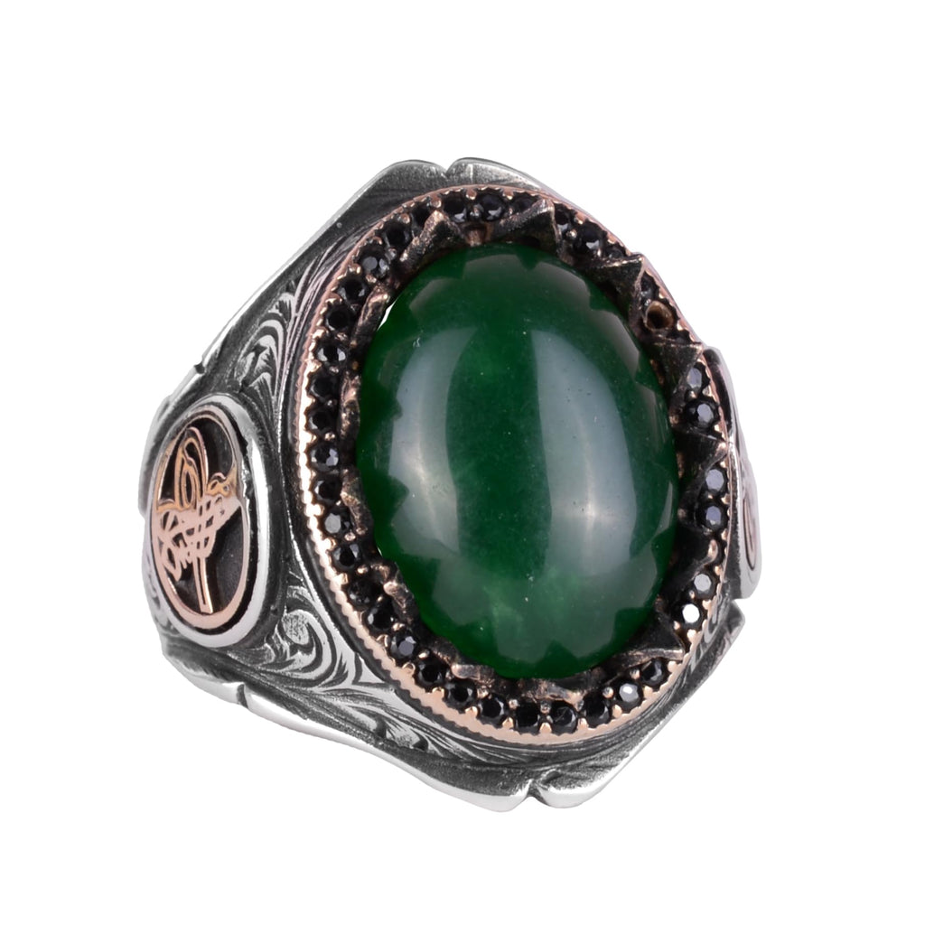 925 Sterling Silver Men's Ring with Natural Stone - Handcrafted Elegance (Yade Stone)
