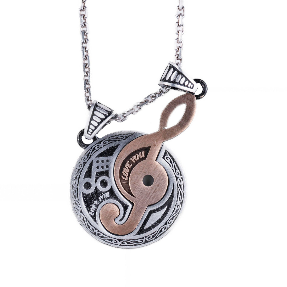 KAMBO 925 Sterling Silver Note Necklace with I Love You Engraving, Music Lovers Treble Clef Symbol Jewelry