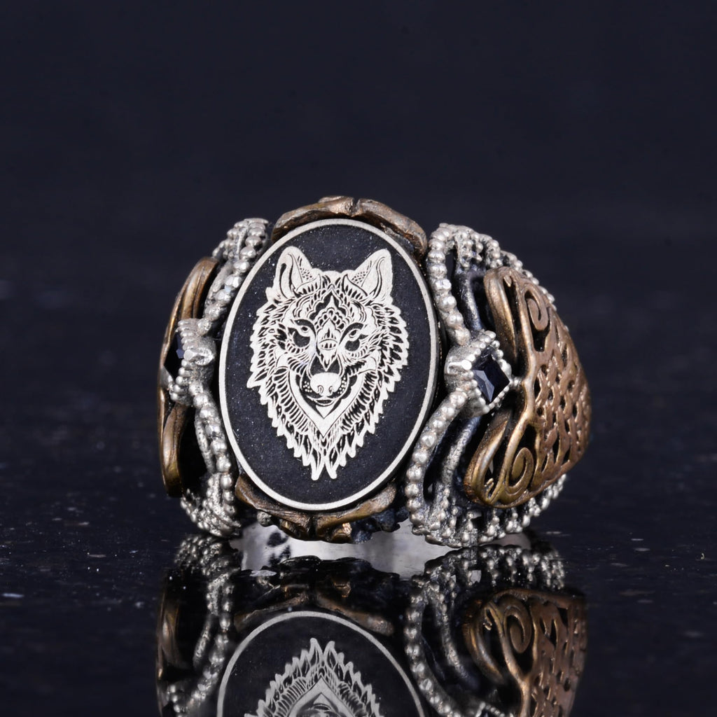 Silver Patterned Ring, Emblem - Elegant Cultural Design (Wolf Head) — 6