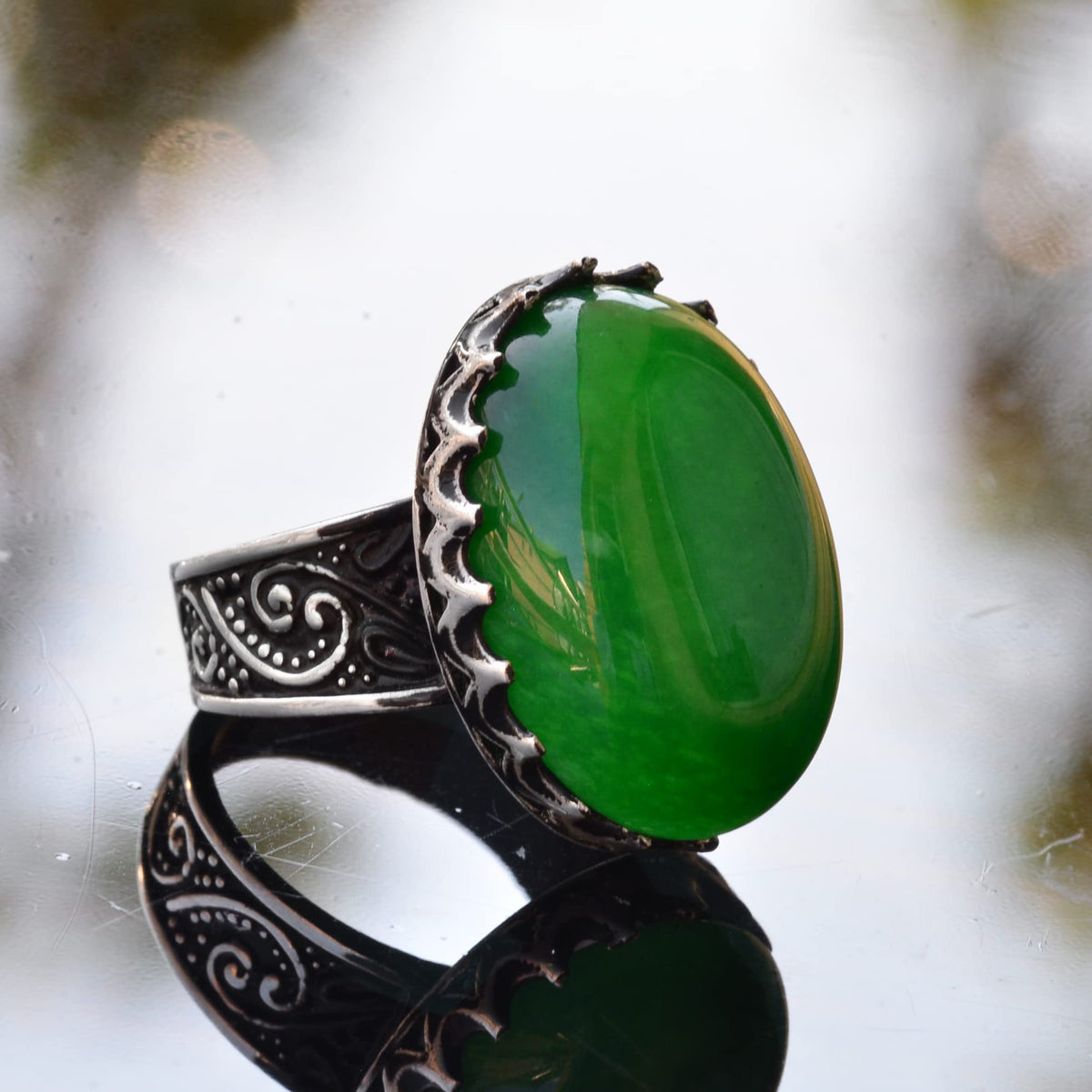 Natural Magnificence Collection: 925 Sterling Silver Men's Ring - Jade Stone — 3