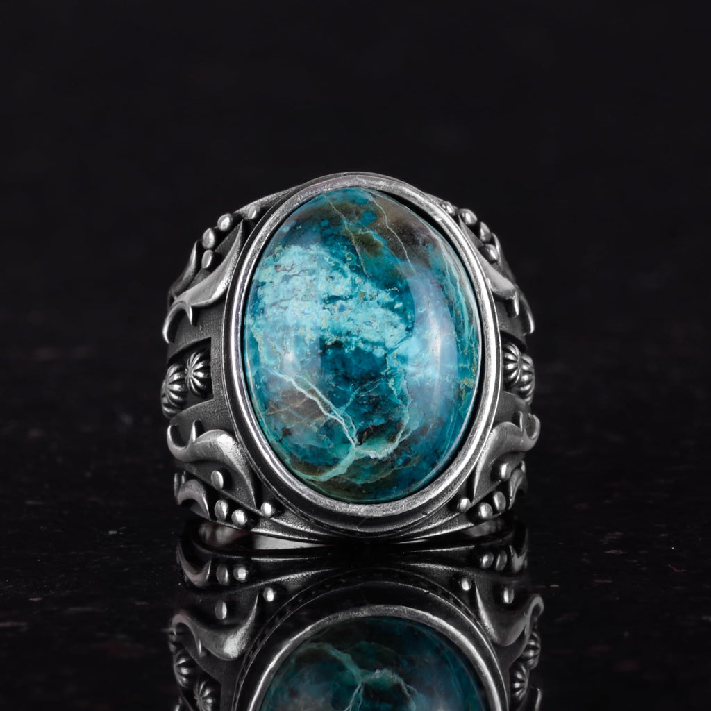 KAMBO Handmade 925 Sterling Silver Men's Chrysocolla Gemstone Ring, Minimalist Vintage Design, Solid Silver Statement Ba
