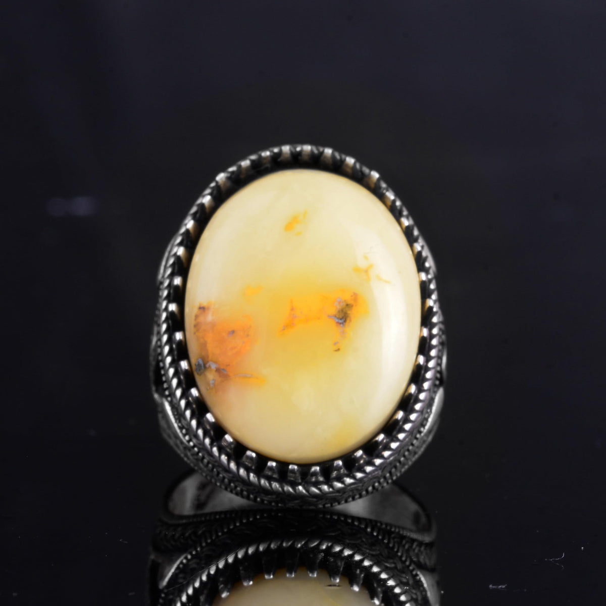 KAMBO Ottoman Tugra Design Natural Amber Stone Ring - 925 Sterling Silver Handmade (Model-4) — 4