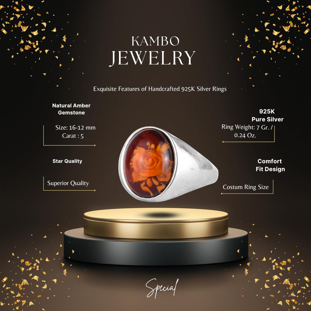 KAMBO Natural Amber Rose Carved Ring 925 Sterling Silver Men's Ring Oval Stone Handmade Vintage Flower Design — 2